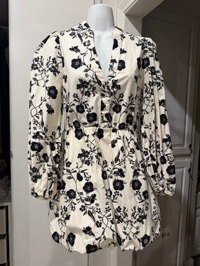 H&M Cream Black Floral Bubble Hem Dress Women's Small Balloon Sleeve Cotton